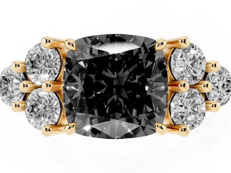 Cushion Cut Cluster Side Stone Engagement Ring Setting for a Black Center | Plain Band | Yellow Gold