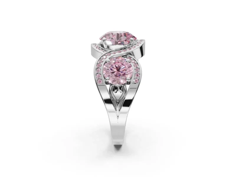 Round Three Stone Halo Engagement Ring Setting for a Fancy Pink Lab-Grown Diamond | Pavé Wave Band | Sterling Silver