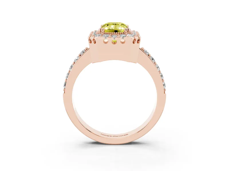 Emerald Cut Milgrain Halo Engagement Ring Setting for a Fancy Yellow Lab-Grown Diamond | Pavé Shoulders | Rose Gold