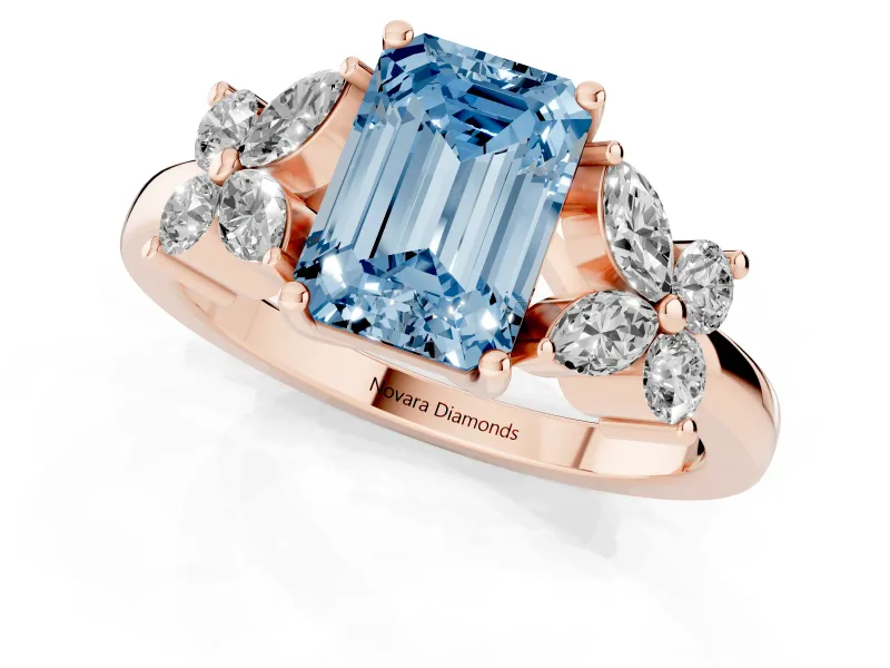 Fancy Blue Emerald Cut Diamond Floral Cluster Ring Set in Rose gold with Marquise Petals and Prong Setting