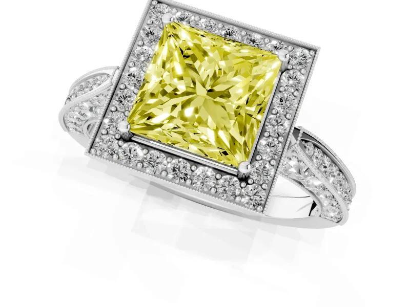 Princess Cut Milgrain Halo Engagement Ring Setting for a Fancy Yellow Lab-Grown Diamond | Side Stones | Sterling Silver
