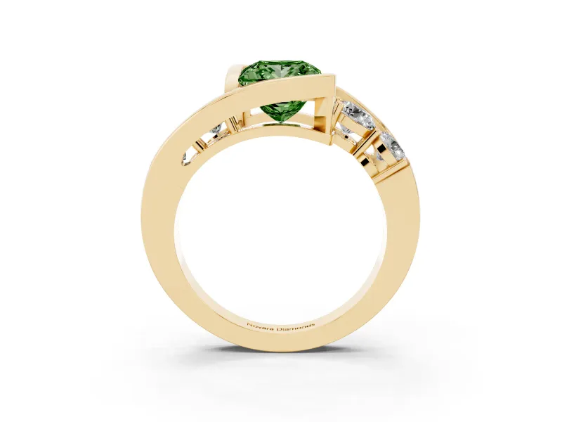 Fancy Green Princess Cut Diamond Bezel Bypass Ring Set in Yellow gold with Round Accents