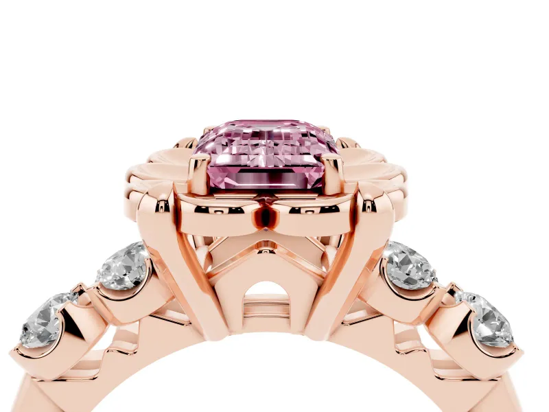 Emerald Cut Floral Engagement Ring Setting for a Fancy Pink Lab-Grown Diamond | Petal Frame and Side Stones | Rose Gold