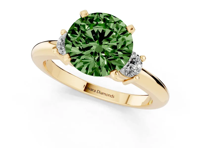 Fancy Green Three-Stone Round Cut Diamond Ring Set in Yellow gold with Prong Setting and Plain Band