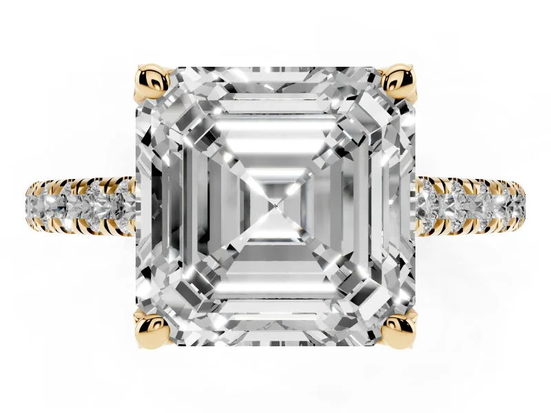 Asscher Cut Hidden Halo Pave Engagement Ring Setting | Claw Prongs | Yellow Gold