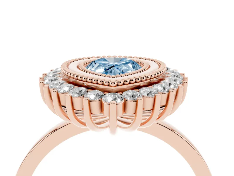 Fancy Blue Pear Cut Diamond Halo Ring Set in Rose gold with Milgrain Edge and Round Prong Setting