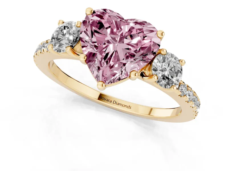 Heart-Shaped Three Stone Engagement Ring Setting for a Fancy Pink Lab-Grown Diamond | Pave Shoulders | Yellow Gold