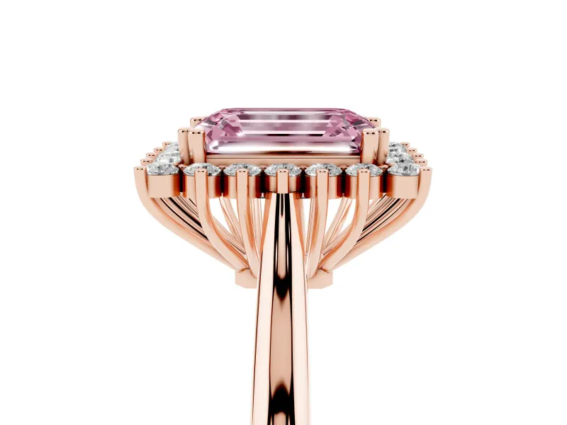Fancy Pink Emerald Cut Diamond Halo Ring Set in Rose gold with Plain Solitaire Band and Prong Setting