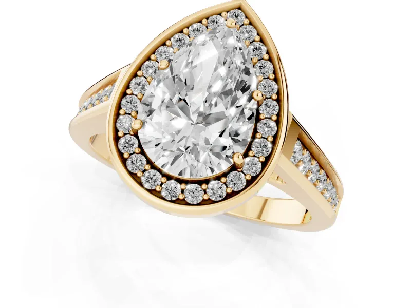 Pear Cut Diamond Halo Solitaire Ring Set in Yellow gold with Pavé Band and Bezel Setting