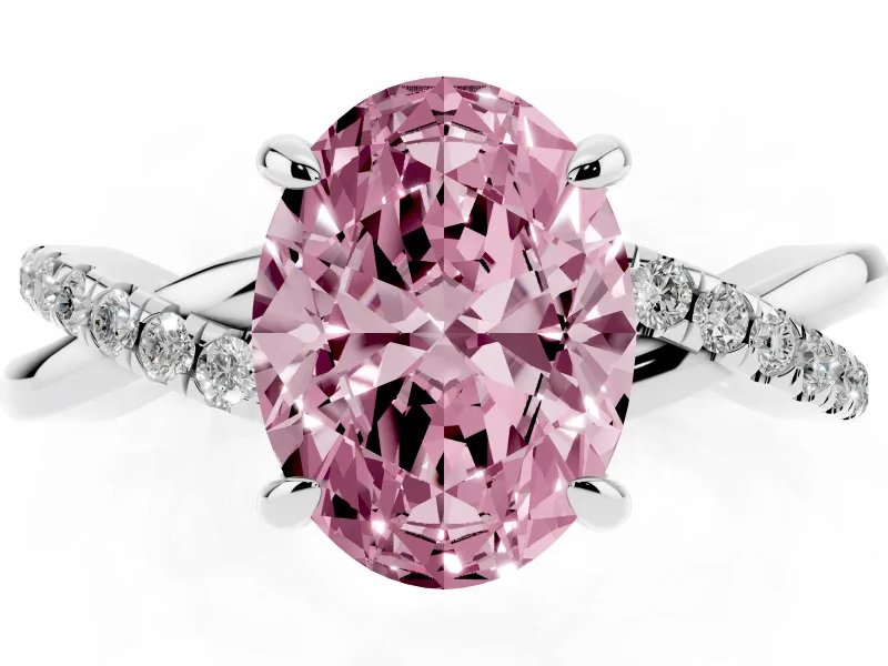 Fancy Pink Oval Cut Diamond Twist Band Solitaire Set in Platinum with Pavé Accents and Prong Setting
