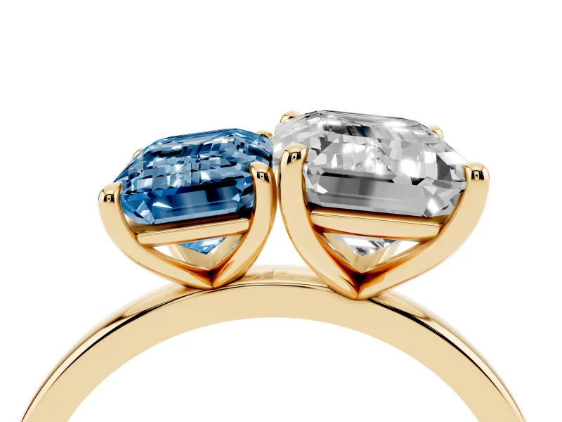 Fancy Blue Emerald Cut and Emerald Cut Toi Moi Ring Set in Yellow gold with Prong Setting