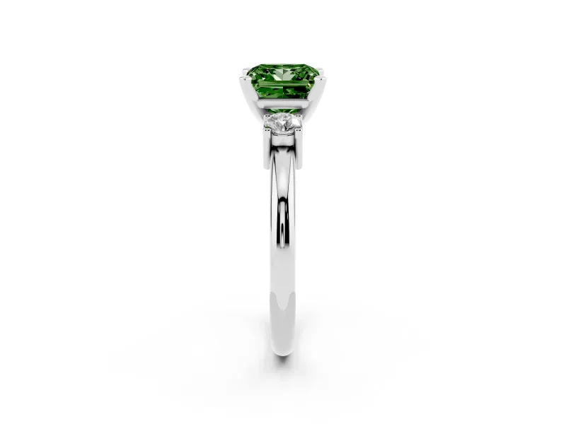 Fancy Green Three-Stone Princess Cut Diamond Ring Set in White gold with Prong Setting and Plain Band