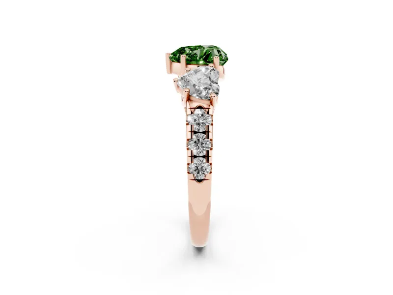 Fancy Green Heart Cut Diamond Three-Stone Ring Set in Rose gold with Pavé Band