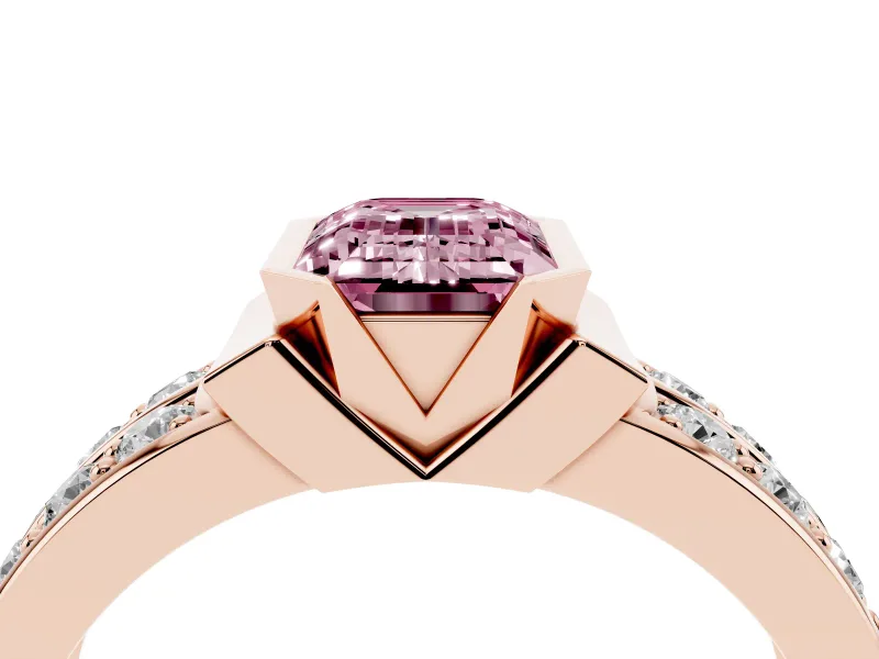 Emerald Cut Half Bezel Engagement Ring Setting for a Fancy Pink Lab-Grown Diamond | Double Row Channel Band | Rose Gold