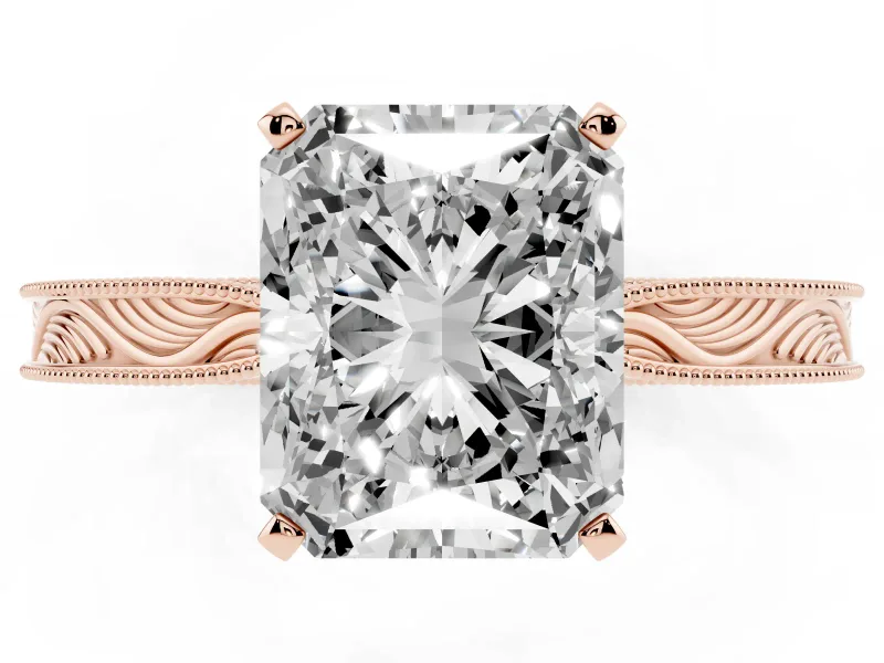 Radiant Cut Diamond Solitaire Milgrain Engraved Band Set in Rose gold with Prong Setting