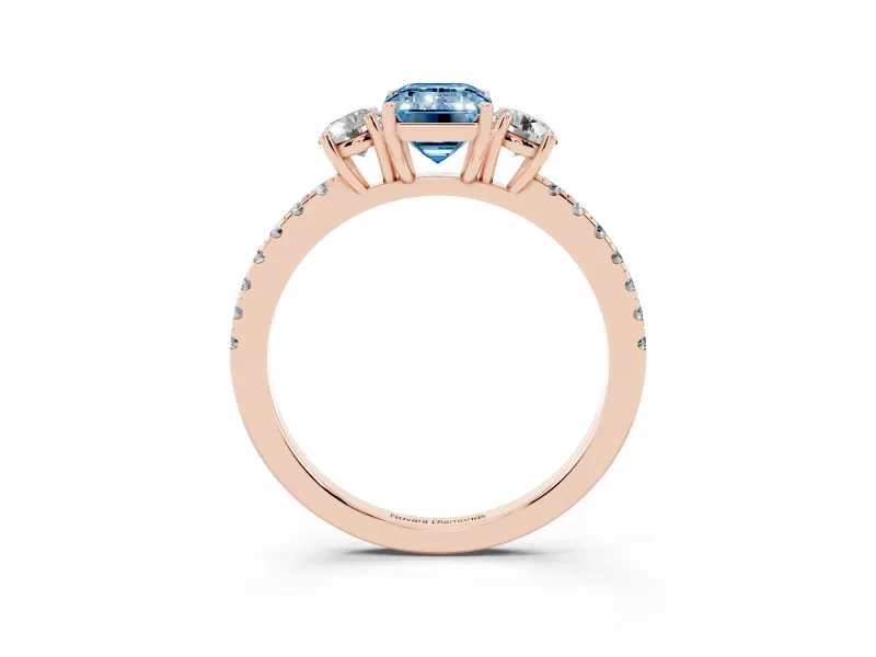 Emerald Cut Three Stone Engagement Ring Setting for a Fancy Blue Lab-Grown Diamond | Pave Shoulders | Rose Gold