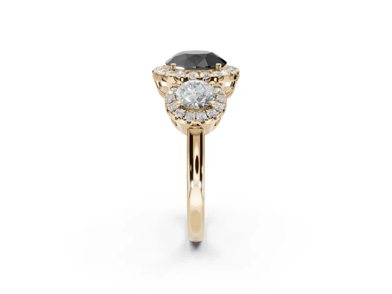 Round Three Stone Halo Engagement Ring Setting for a Black Center | Haloed Side Stones | Yellow Gold