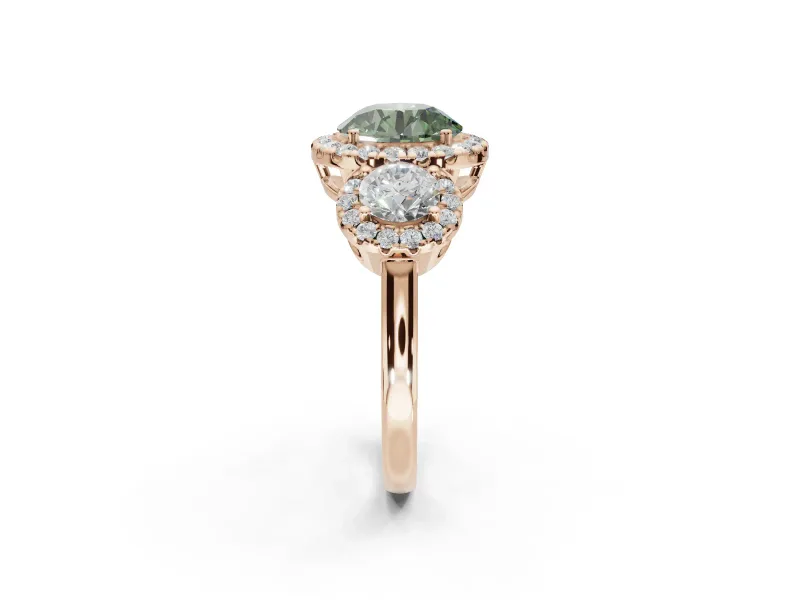 Round Three Stone Halo Engagement Ring Setting for a Fancy Green Lab-Grown Diamond | Rose Gold
