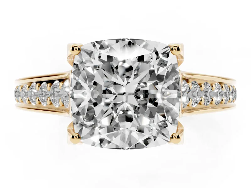 Cushion Cut Graduated Pavé Solitaire Engagement Ring Setting | Wide Pavé Row Band | Yellow Gold