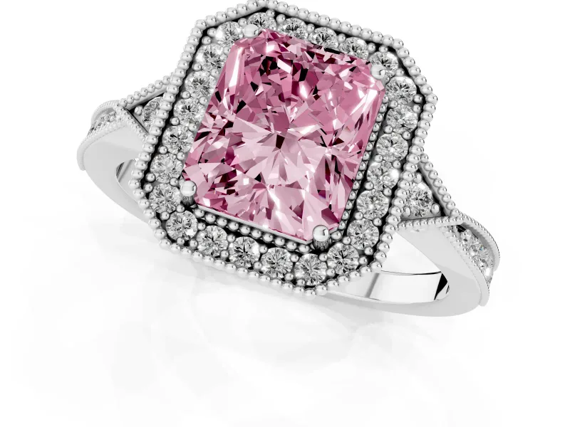 Fancy Pink Radiant Cut Diamond Halo Engagement Ring Set in Platinum with Milgrain Pavé Band