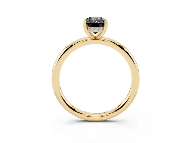 Fancy Black Emerald Cut Diamond Solitaire Ring Set in Yellow gold with Thin Band and Prong Setting