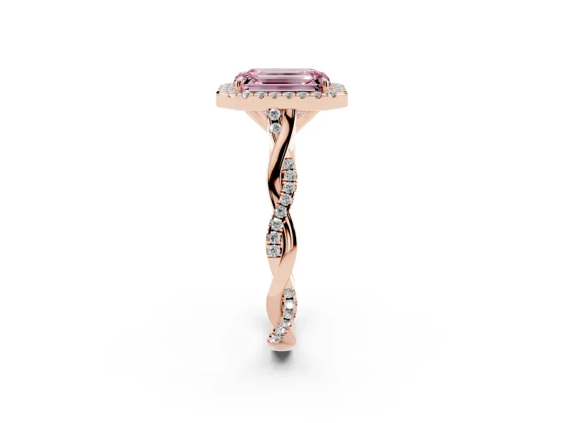 Emerald Cut Twist Halo Engagement Ring Setting for a Fancy Pink Lab-Grown Diamond | Rose Gold