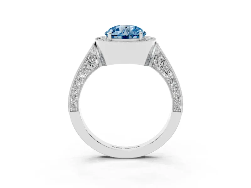 Round Vintage Milgrain Halo Engagement Ring Setting for a Fancy Blue Lab-Grown Diamond | Side Stones and Pave | Platinum