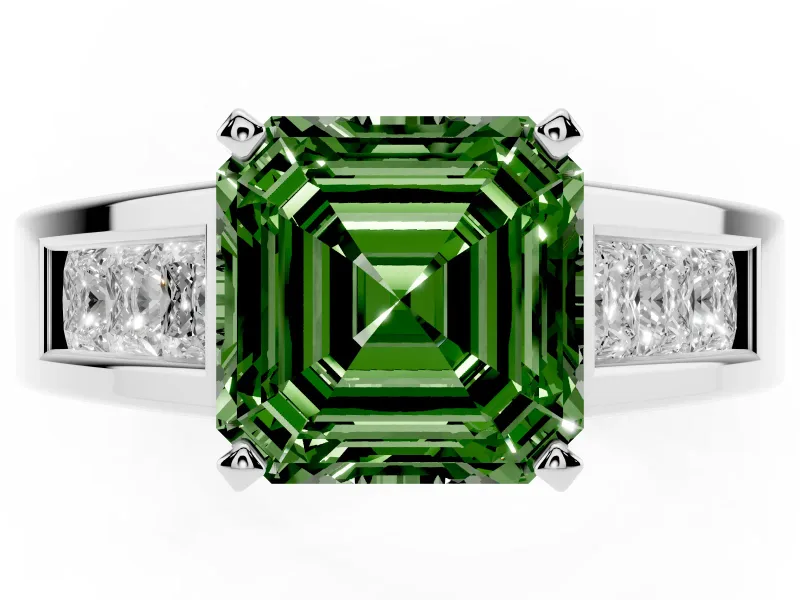 Fancy Green Asscher Cut Diamond Solitaire Ring Set in Silver with Channel-Set Accent Stones and Prong Setting