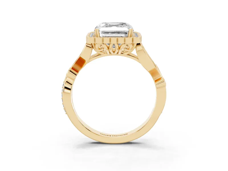 Asscher Cut Vintage Leaf Halo Engagement Ring Setting | Graduated Vine Shank | Yellow Gold