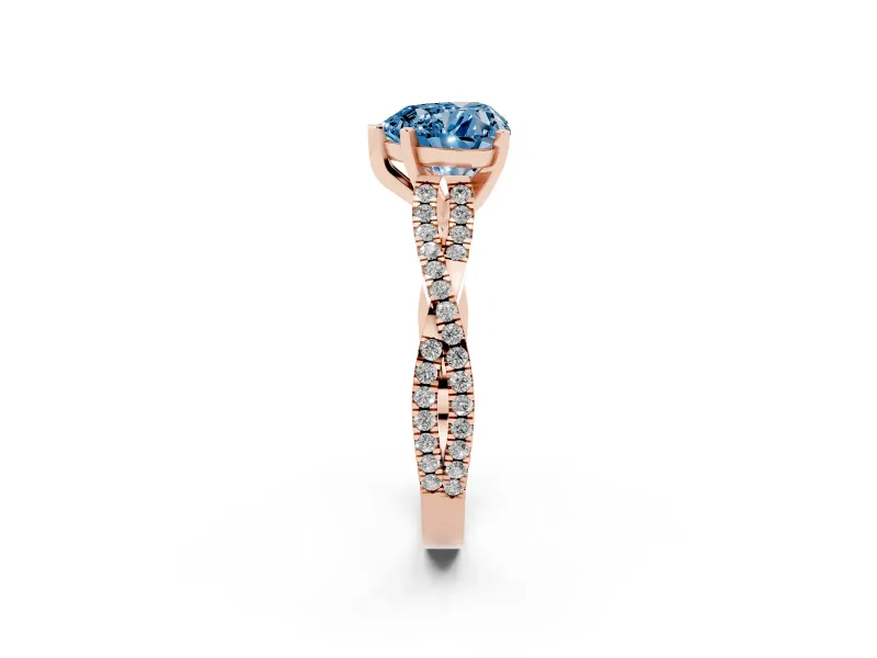 Fancy Blue Heart Cut Diamond Solitaire Engagement Ring Set in Rose gold with Twisted Pavé Band and Prong Setting