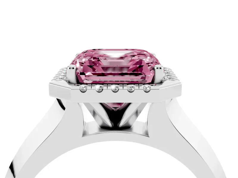 Fancy Pink Asscher Cut Diamond Halo Ring Set in White gold with Cathedral Band and Prong Setting