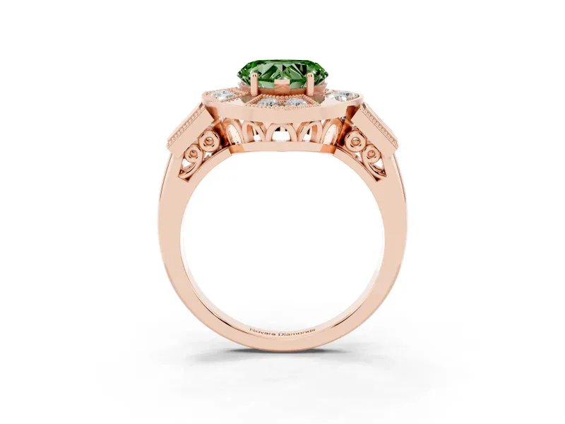 Fancy Green Heart Cut Diamond Milgrain Halo Ring Set in Rose gold with Split Shank