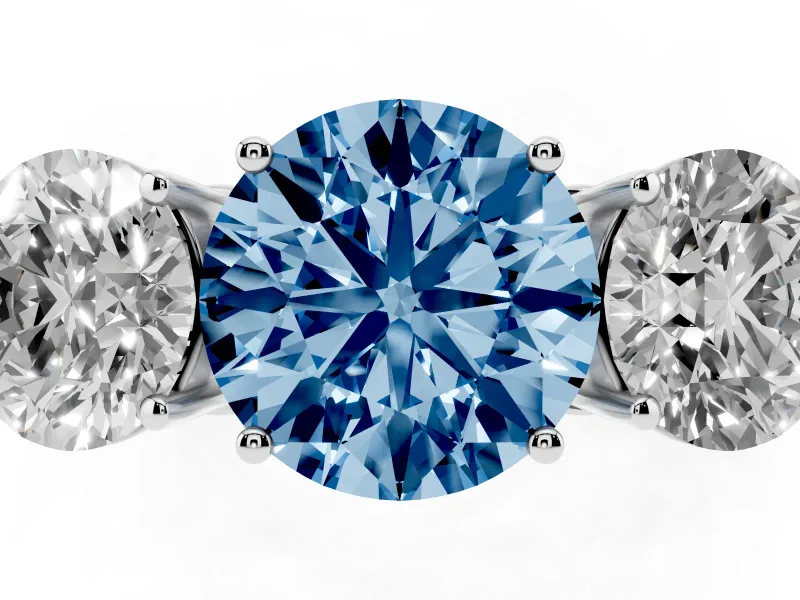 Round Engagement Ring Setting for a Fancy Blue Lab-Grown Diamond | Three Stone | Platinum