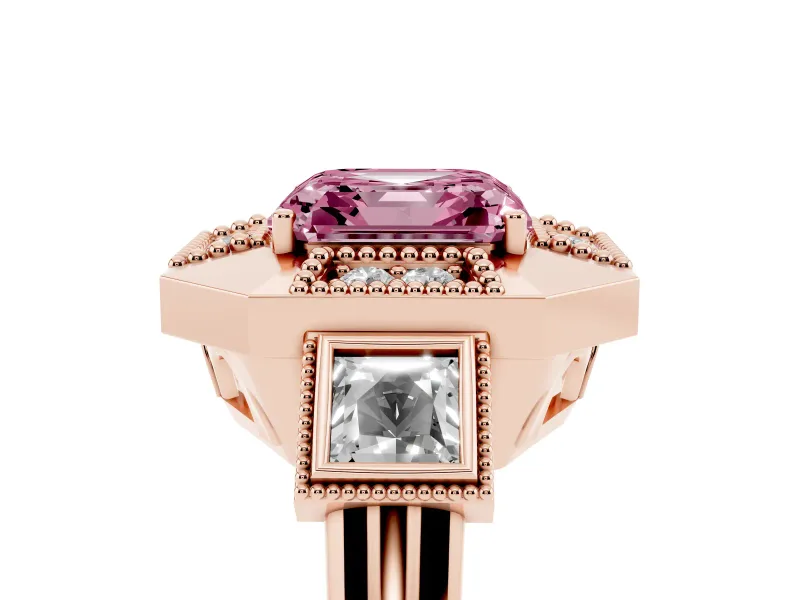 Fancy Pink Asscher Cut Diamond Milgrain Halo Ring Set in Rose gold with Split Shank