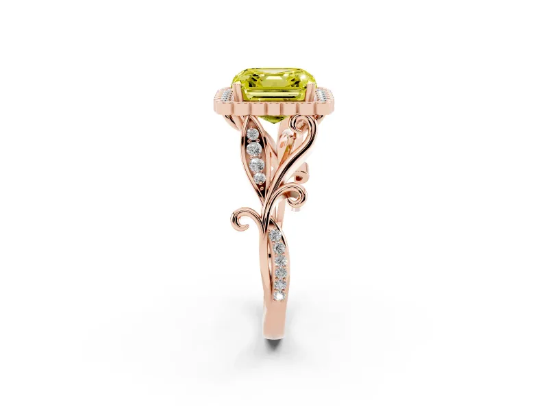 Asscher Cut Leaf Halo Engagement Ring Setting for a Fancy Yellow Lab-Grown Diamond | Rose Gold