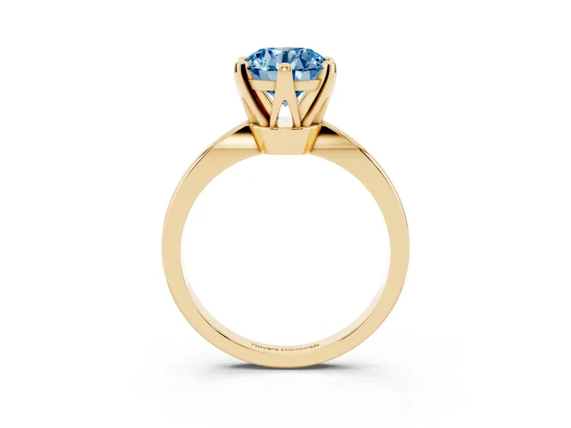 Fancy Blue Round Cut Diamond Solitaire Engagement Ring Set in Yellow gold with Slim Tapered Solitaire Band