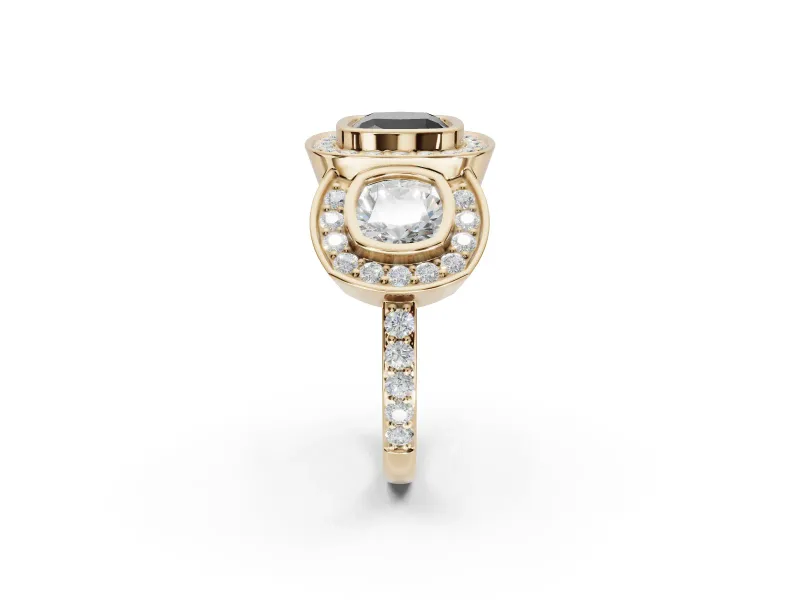 Cushion Cut Three Stone Halo Engagement Ring Setting for a Black Center | Bezel Set | Yellow Gold