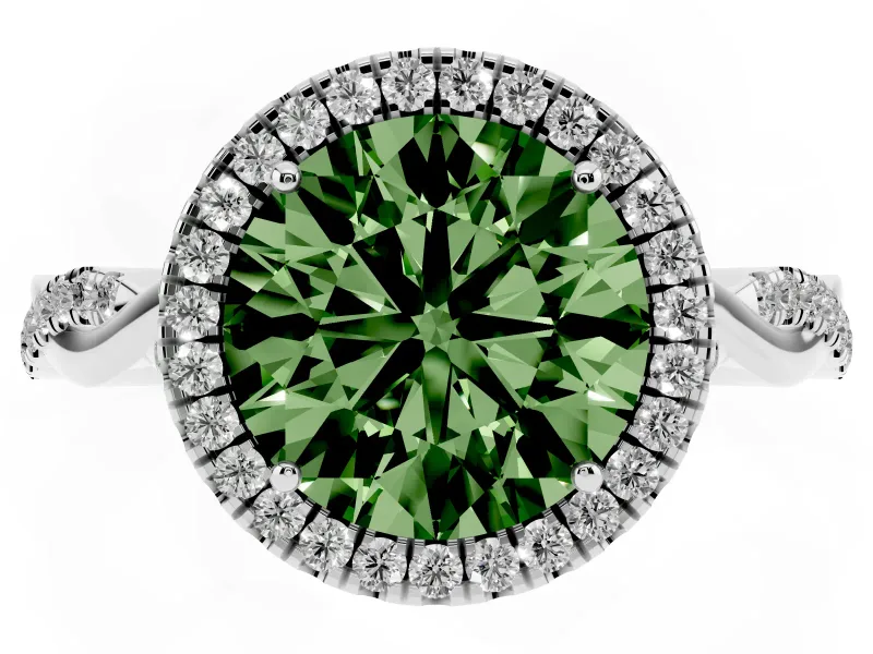 Round Halo Engagement Ring Setting for a Fancy Green Lab-Grown Diamond | Pavé Twist Band | Platinum