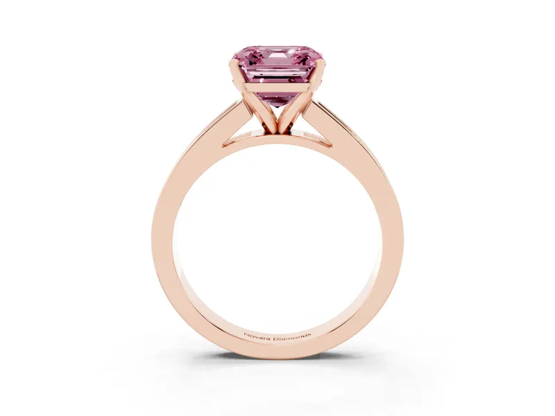 Fancy Pink Asscher Cut Diamond Solitaire Ring Set in Rose gold with Channel-Set Band and Prong Setting