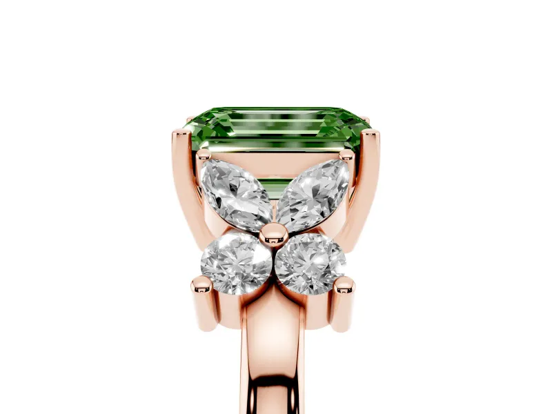 Fancy Green Emerald Cut Diamond Floral Cluster Ring Set in Rose gold with Marquise Petals and Prong Setting