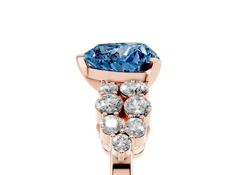 Heart-Shaped Side Stone Engagement Ring Setting for a Fancy Blue Lab-Grown Diamond | Shoulder Clusters | Rose Gold