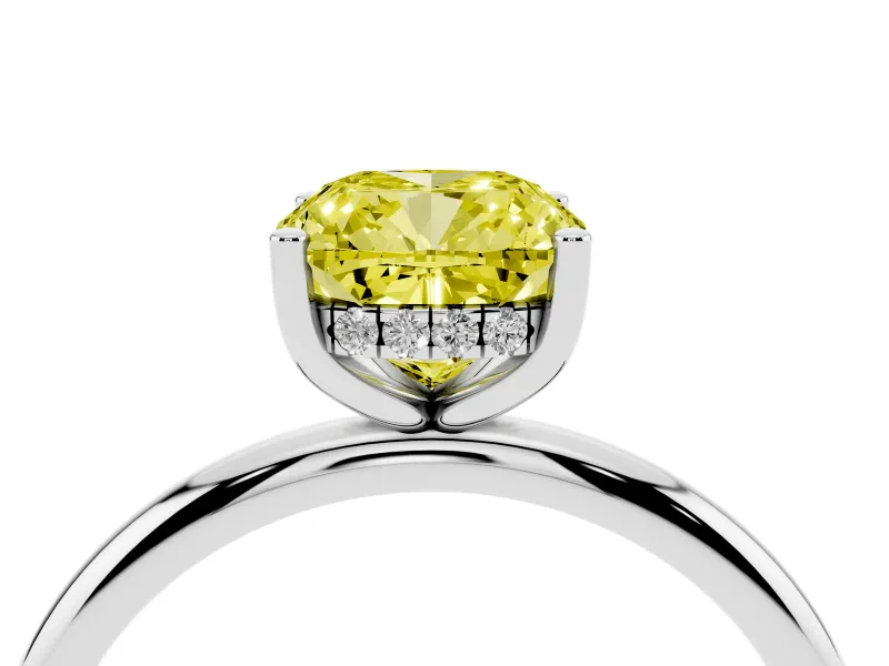 Fancy Yellow Cushion Cut Diamond Solitaire Engagement Ring Set in Silver with Prong Setting and Polished Band