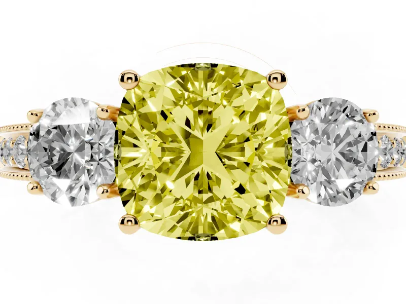 Fancy Yellow Cushion Cut Diamond Three-Stone Ring Set in Yellow gold with Round Side Stones and Pavé Band