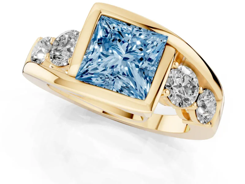 Fancy Blue Princess Cut Diamond Bezel Bypass Ring Set in Yellow gold with Round Accents