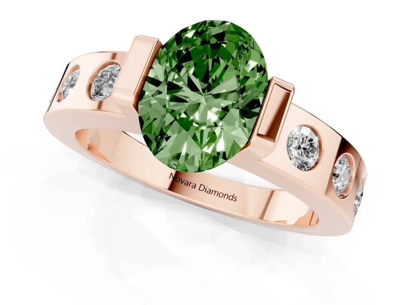 Fancy Green Oval Cut Diamond Channel-Set Band Ring Set in Rose gold with Bezel Prong Setting