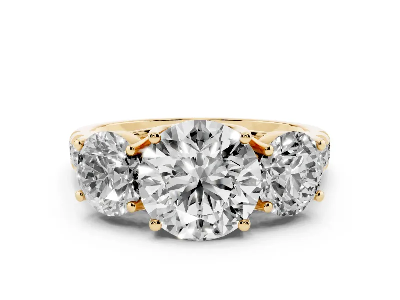 Round Cut Diamond Three-Stone Ring Set in Yellow gold with Pavé Band