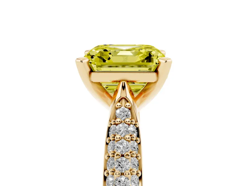 Fancy Yellow Asscher Cut Diamond Solitaire Engagement Ring Set in Yellow gold with Multi-Row Round Pavé Band and Prong Setting