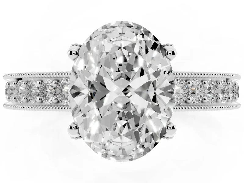 Oval Vintage Hidden Halo Engagement Ring Setting | Milgrain Pave Band | White Gold