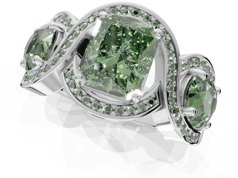 Radiant Cut Three Stone Engagement Ring Setting for a Fancy Green Lab-Grown Diamond | Pavé Wave Band | Sterling Silver