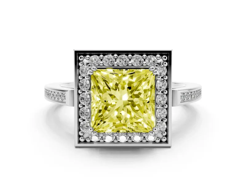 Fancy Yellow Princess Cut Diamond Halo Ring Set in Platinum with Accent-Lined Split Shank and Prong Setting